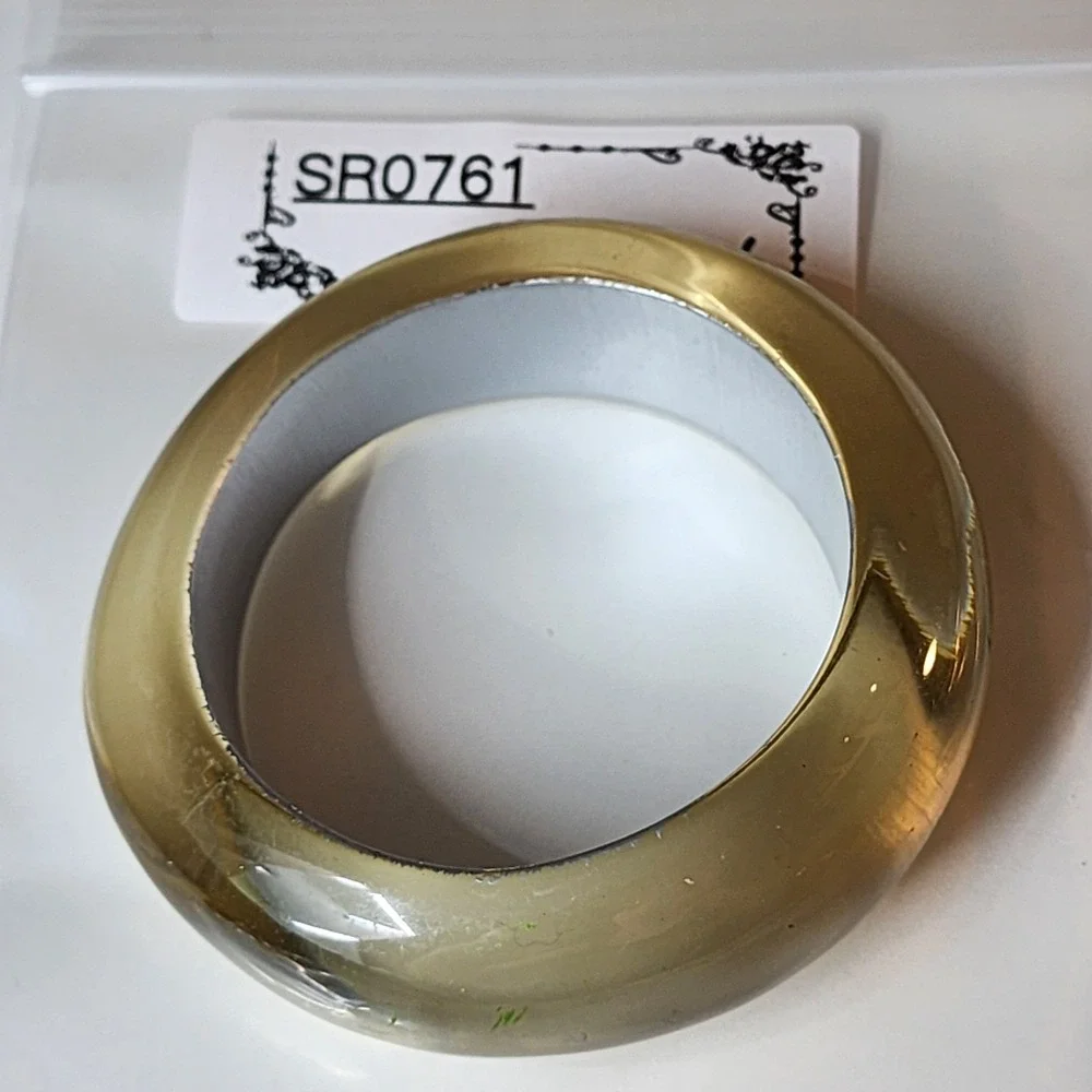Chunky Olive Green Brown Translucent Resin Silver Tone Statement Bangle Bracelet